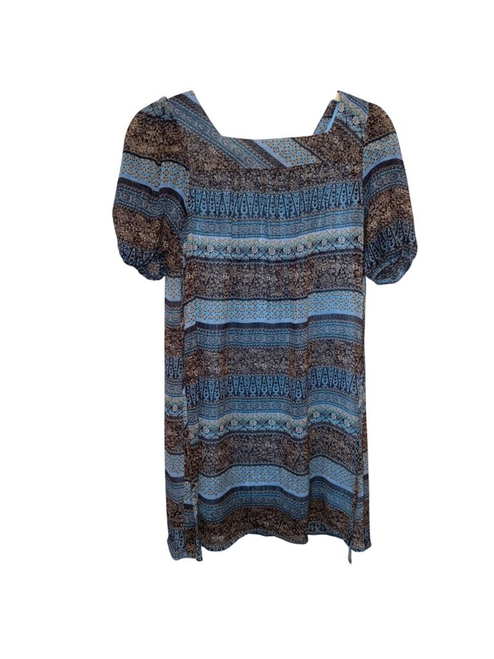 Kandy Kiss Girls Bohemian Short Sleeve Dress, Square Neck & Blue/Brown  Size L